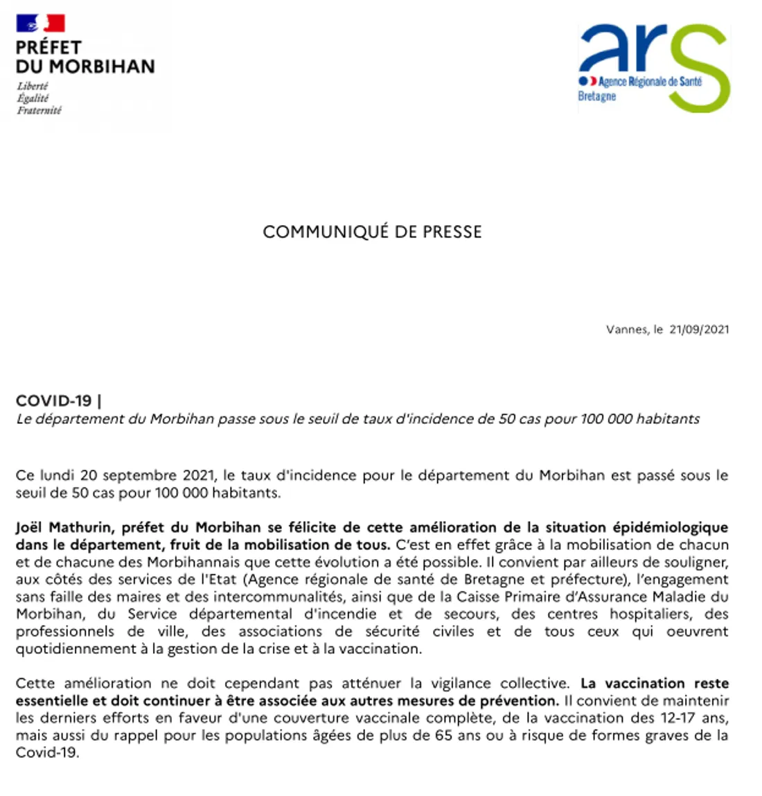 Communiqué de presse préfecture Morbihan